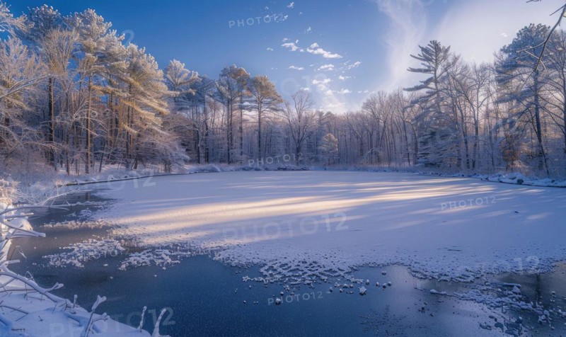 A winter landscape with a frozen lake and snow-covered forest AI generated