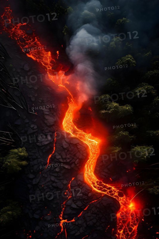 Vigorous lava flow making its onslaught on a verdant forest, AI generated
