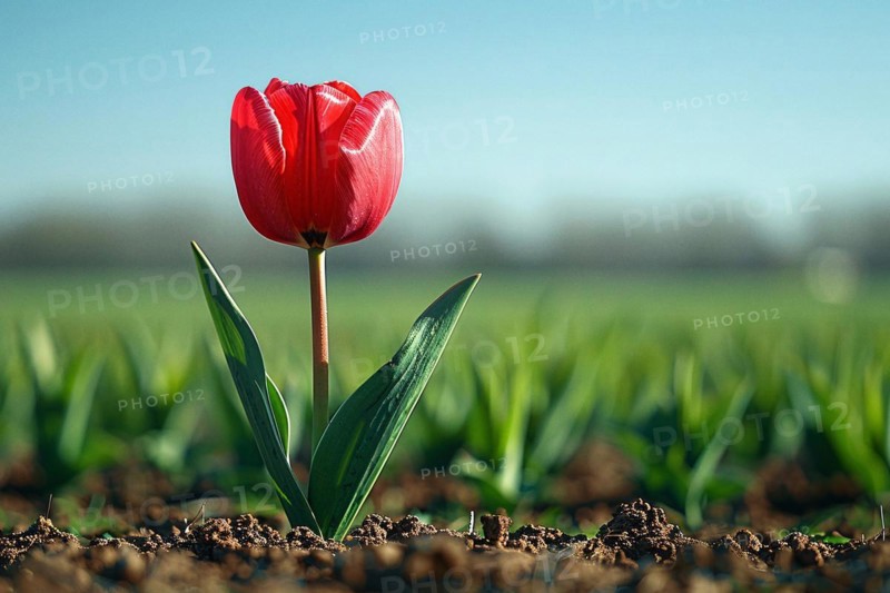 Close-up of a single red tulip sprouting from brown soil, AI generated