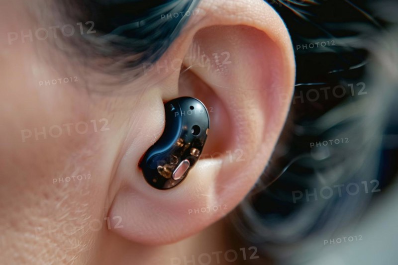 Small black hearing aid in person's ear. KI generiert, generiert, AI generated
