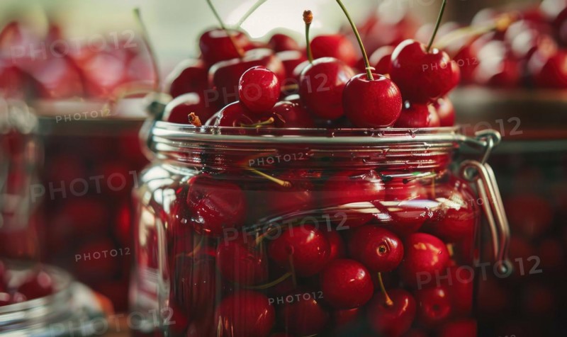 Ripe cherries showcased in a glass jar filled with clear syrup AI generated