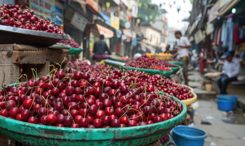 Closeup view of rip cherries selling on city market AI generated