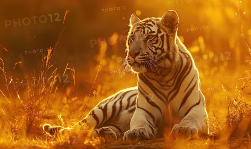 A white tiger basking in the warm glow of the setting sun AI generated