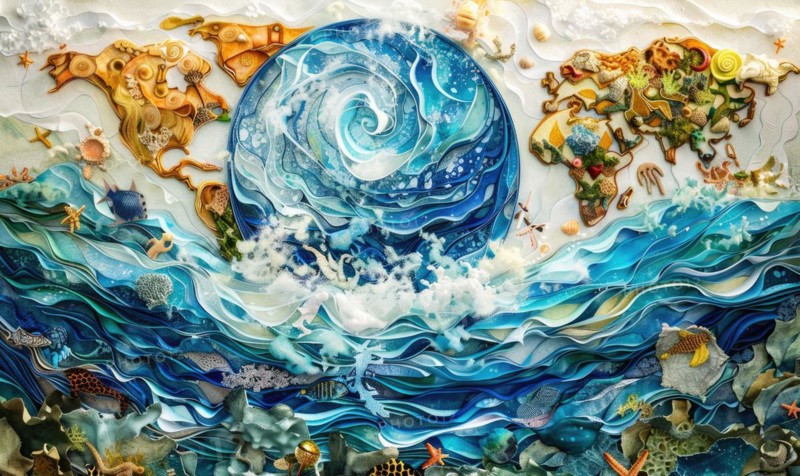 Earth globe in ocean waves, ecology and environment AI generated