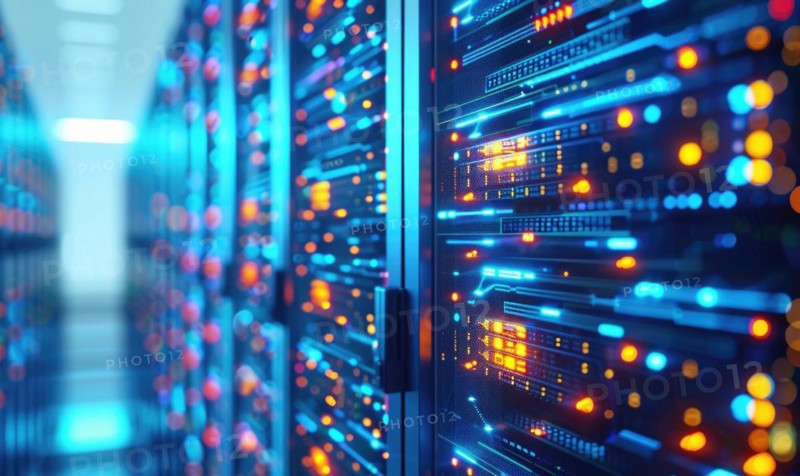 Cloud computing background with server racks and digital data streams AI generated