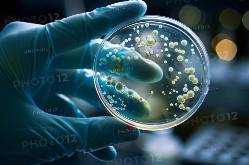 Scientist's hand holding petri dish with bacteria colony. KI generiert, generiert, AI generated