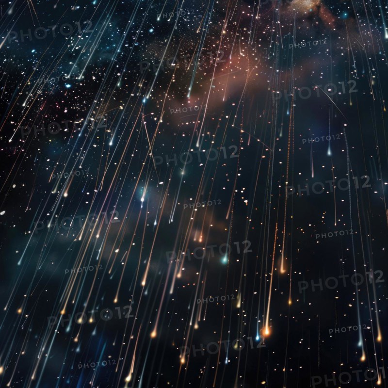 Celestial event depicting astral rain with shooting stars across a galaxy-themed night sky AI generated
