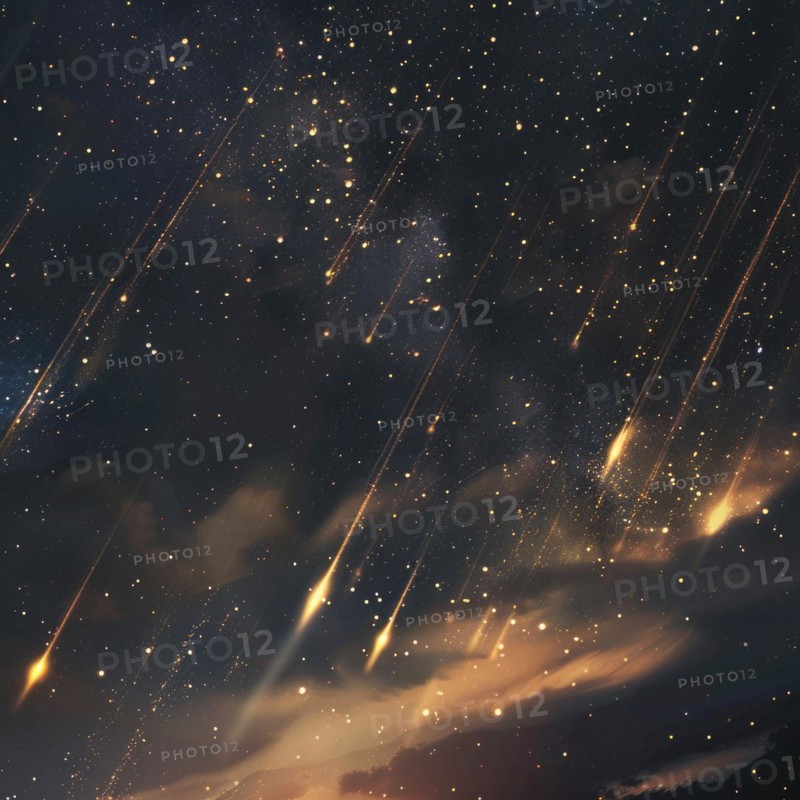 Dark night sky lit by a striking meteor shower with a golden glow AI generated