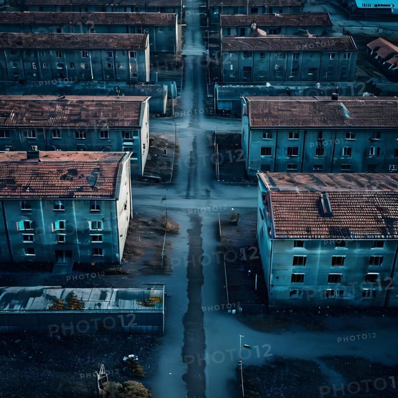 Aerial view of deserted military base featuring empty barracks and abandoned tanks in silent, AI generated