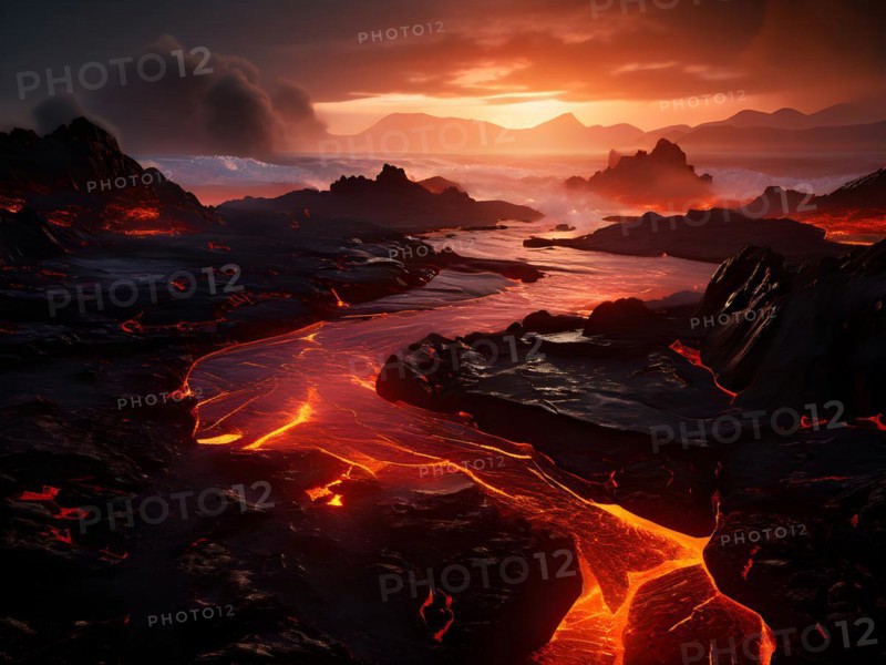 Molten lava flows reaching the sea, AI generated