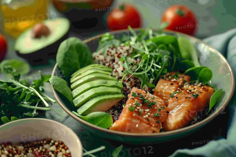 A healthy meal with slices of salmon, avocado, quinoa, and fresh greens on a plate, AI generated