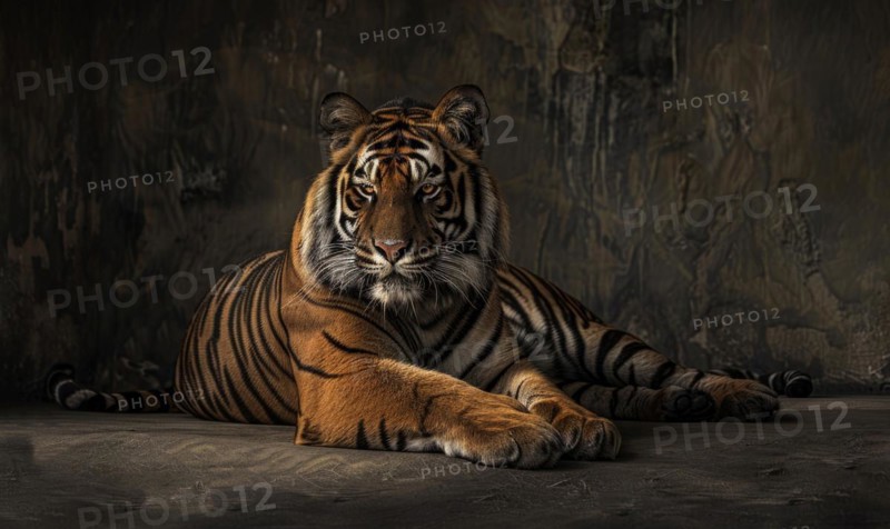 A Sumatran tiger lounging in a relaxed pose against a studio backdrop AI generated