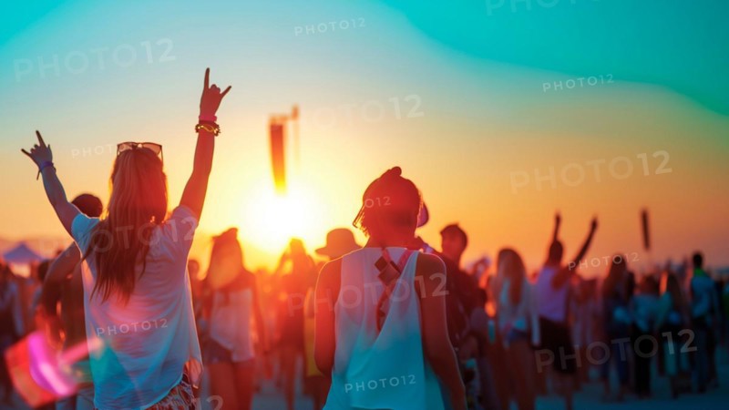 A group of people are standing on party a beach, with the sun setting in the background. Scene is energetic and lively, as the people are dancing and enjoying themselves. Generative AI, AI generated