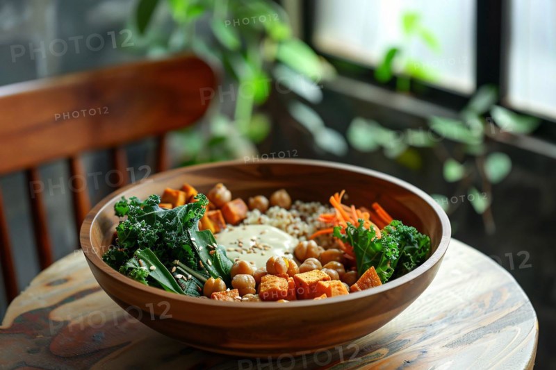 Nutritious buddha bowl with chickpeas, kale, and carrots served in a warm wooden bowl, AI generated