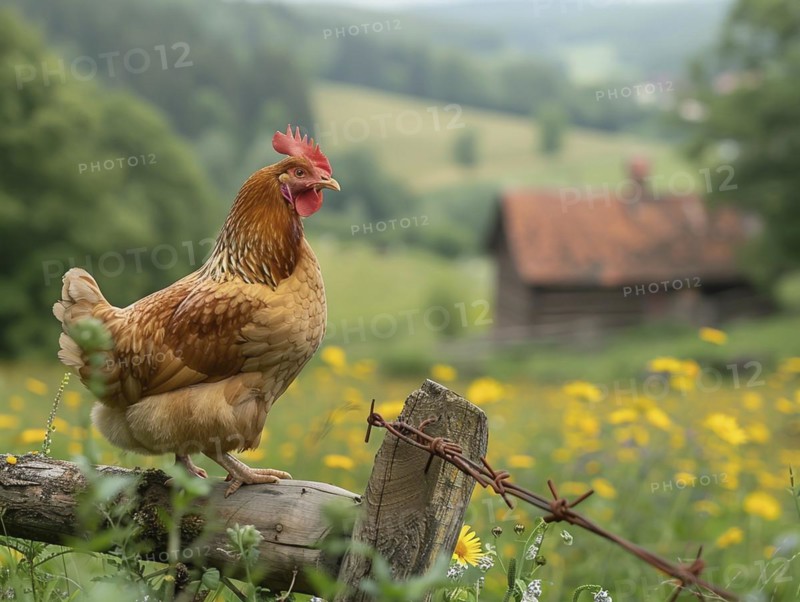 A lone chicken positioned by a barbed wire fence near dandelions with a farmhouse in the distance, AI generiert, AI generated