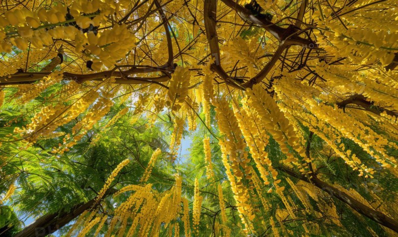 Laburnum blossoms forming a canopy of golden flowers AI generated