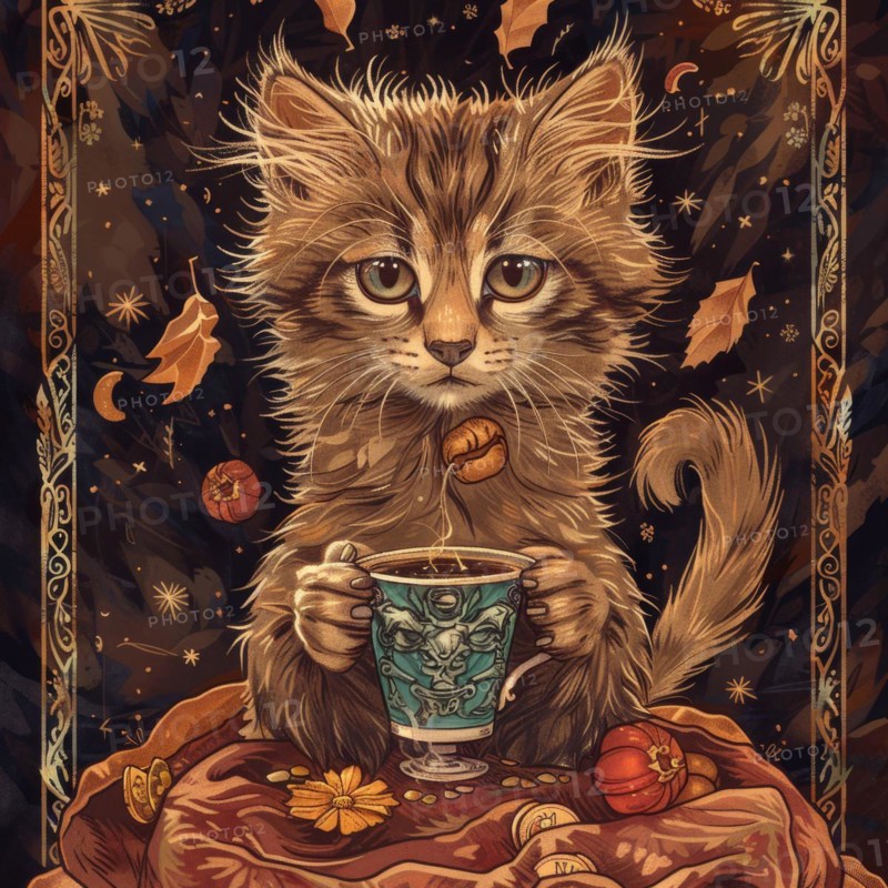 A cute kitten is holding a cup of coffee in its paws. The image has a warm and cozy feeling, as if the kitten is enjoying a relaxing moment with a hot beverage AI generated