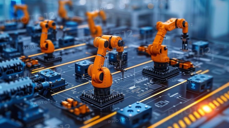 Automated robotic arm placing components on a circuit board, ai generated, AI generated