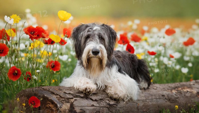 Ai generated, animal, animals, mammal, mammals, a, single animal, bobtail, (Canis lupus familiaris), dog, dogs, bitch, dog breed from England, a single animal, lies on a tree trunk, portrait, freontal