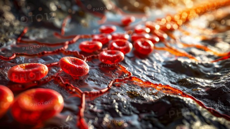 Vibrant red blood cells on a textured surface with red to orange gradient, ai generated, AI generated
