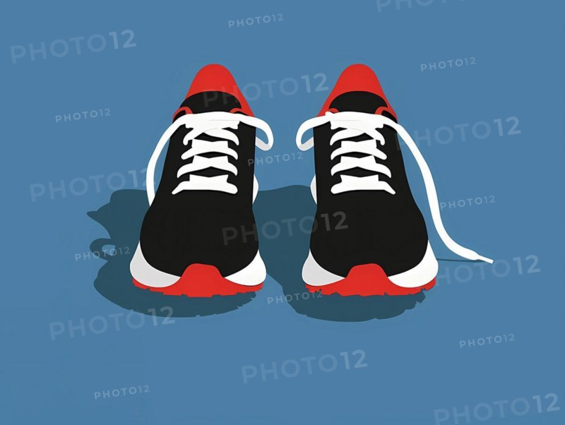 Illustration of red and black sneakers with untied laces on a blue background, illustration, AI generated