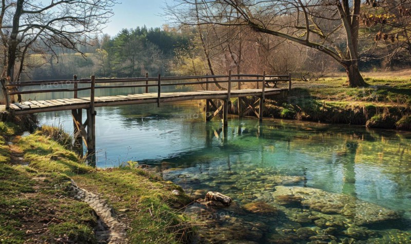 A rustic wooden bridge spanning over a crystal-clear spring river AI generated