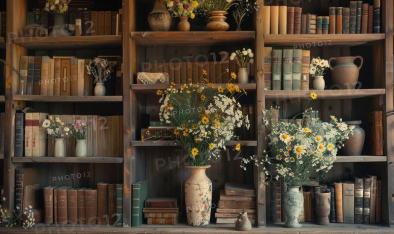 Vintage bookshelf adorned with vases of freshly picked wildflowers AI generated