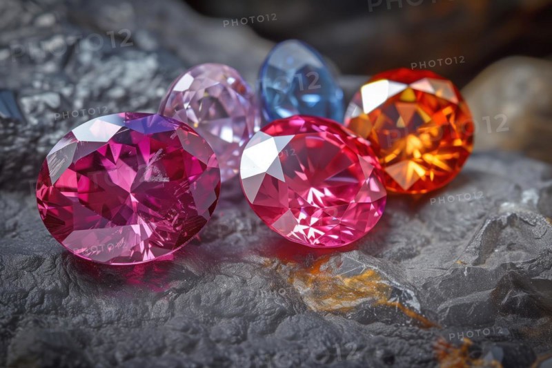Colorful gemstones with sparkling facets on a rocky surface, AI generated