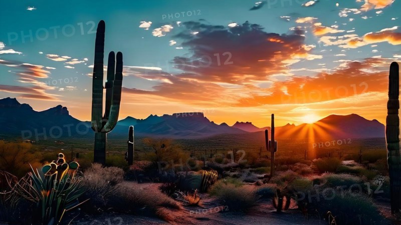 Saguaro cacti against the backdrop of a colorful sunrise sky, AI generated