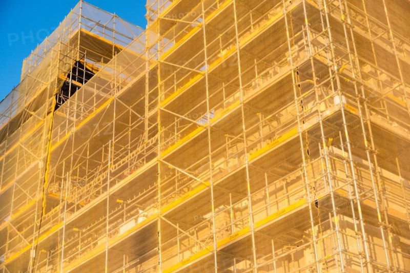 Scaffolded construction site in the old harbour of Barcelona, Spain, Europe