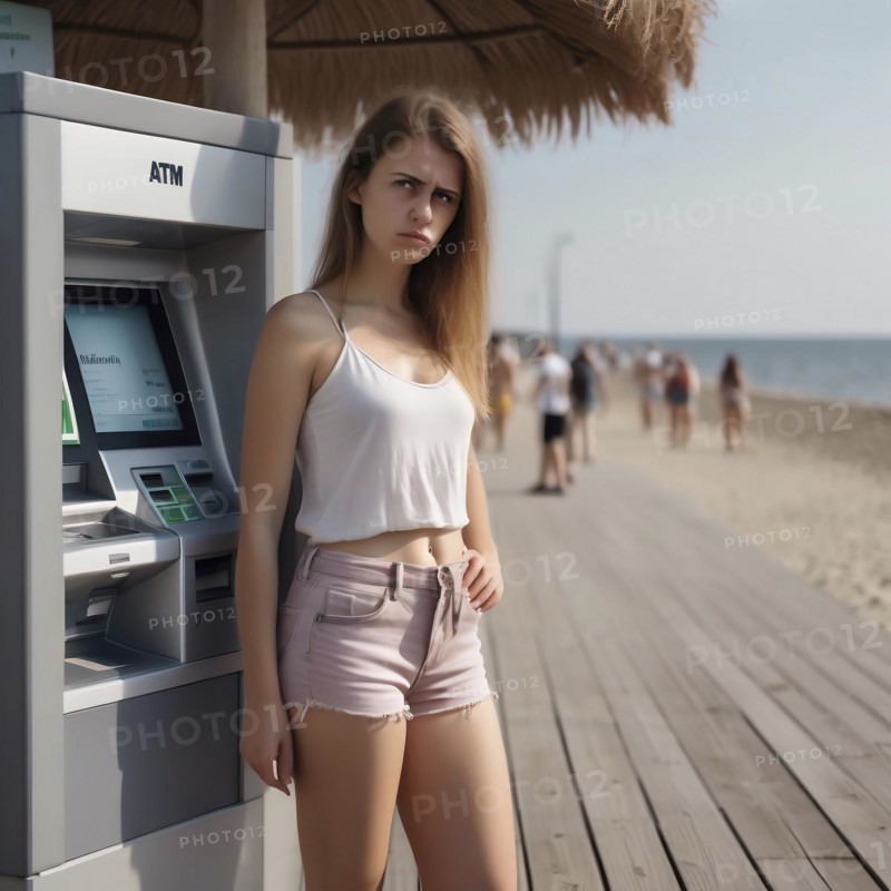 Anxious young woman stands at the ATM on the seafront promenade, KI generated, AI generated