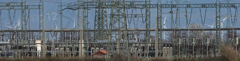 Stendal West substation with wind turbines in the background near Luederitz, panoramic photo, Stendal, Saxony-Anhalt, Germany, Europe