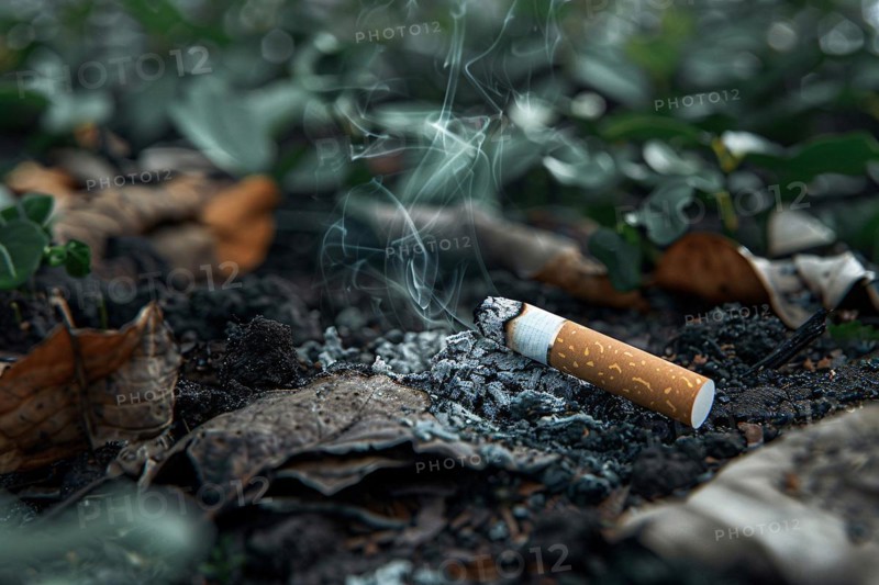 Burning cigarette butt on forest ground risking fire. KI generiert, generiert, AI generated