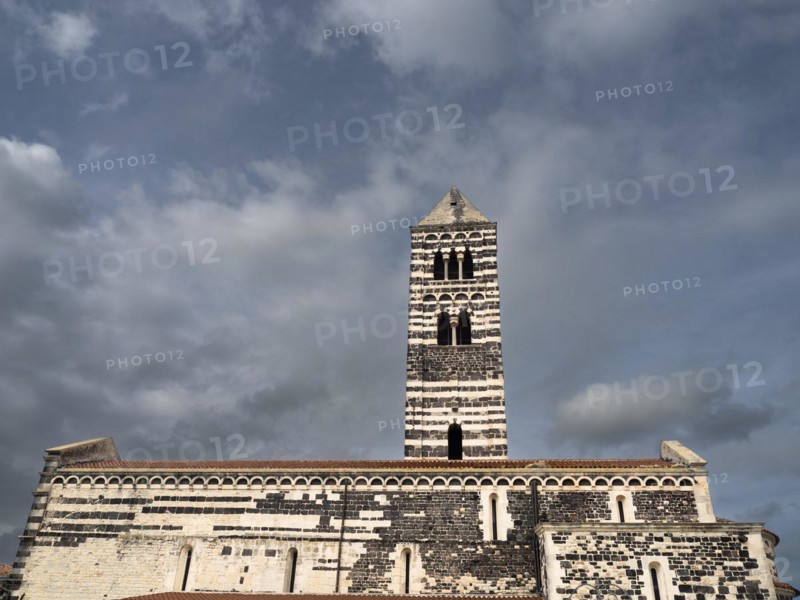 Church tower, abbey church Santissima Trinita di Saccargia of the destroyed Camaldolese monastery, near Codrongianos, province of Sassari, Sardinia, Italy, Europe