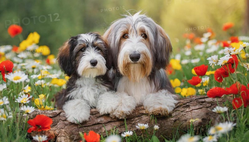 KI generated, animal, animals, mammal, mammals, bobtail, (Canis lupus familiaris), dog, dogs, bitch, dog breed from England, a bitch and a puppy, flower meadow