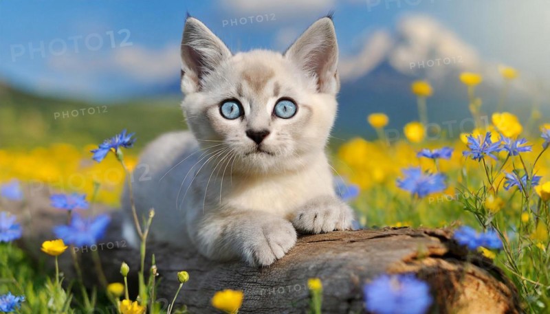 KI generated, animal, animals, mammal, mammals, cat, felidae (Felis catus), a kitten resting in a meadow on a tree trunk