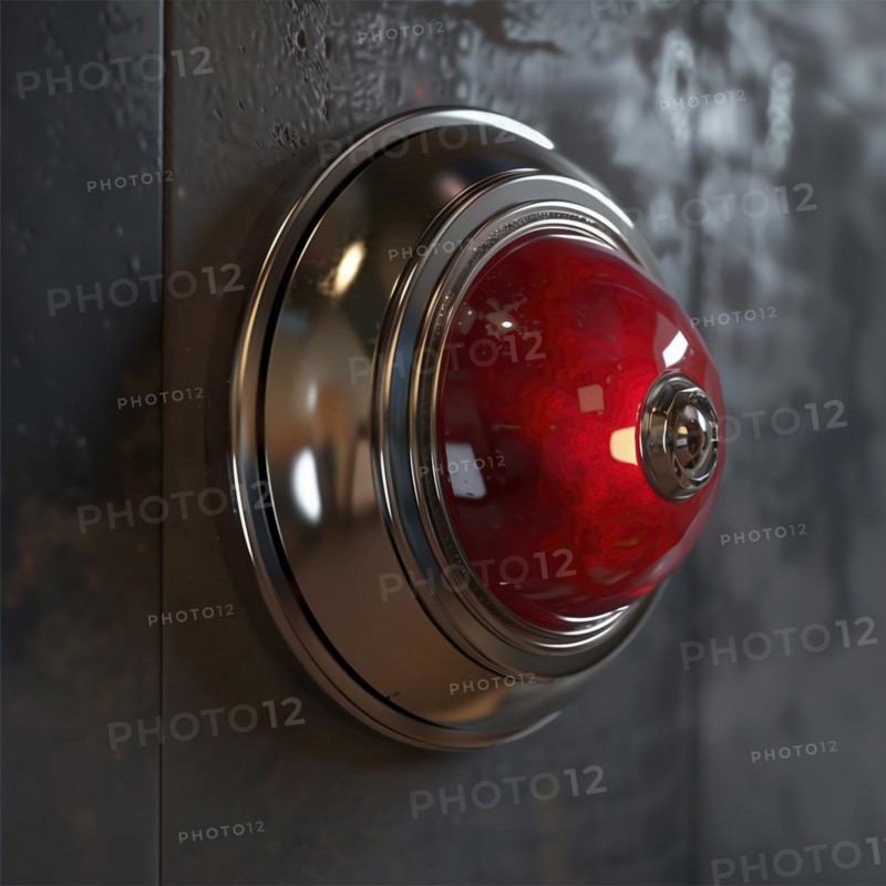 A red fire alarm on a wall with a clear reflection, AI generated