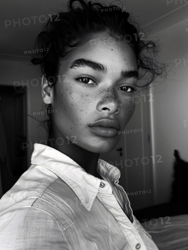 Black and white image of a serene woman with freckles in a casual white shirt, AI generated