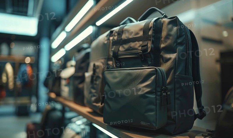Modern backpacks lined up on a shelf with neon lighting in a store AI generated