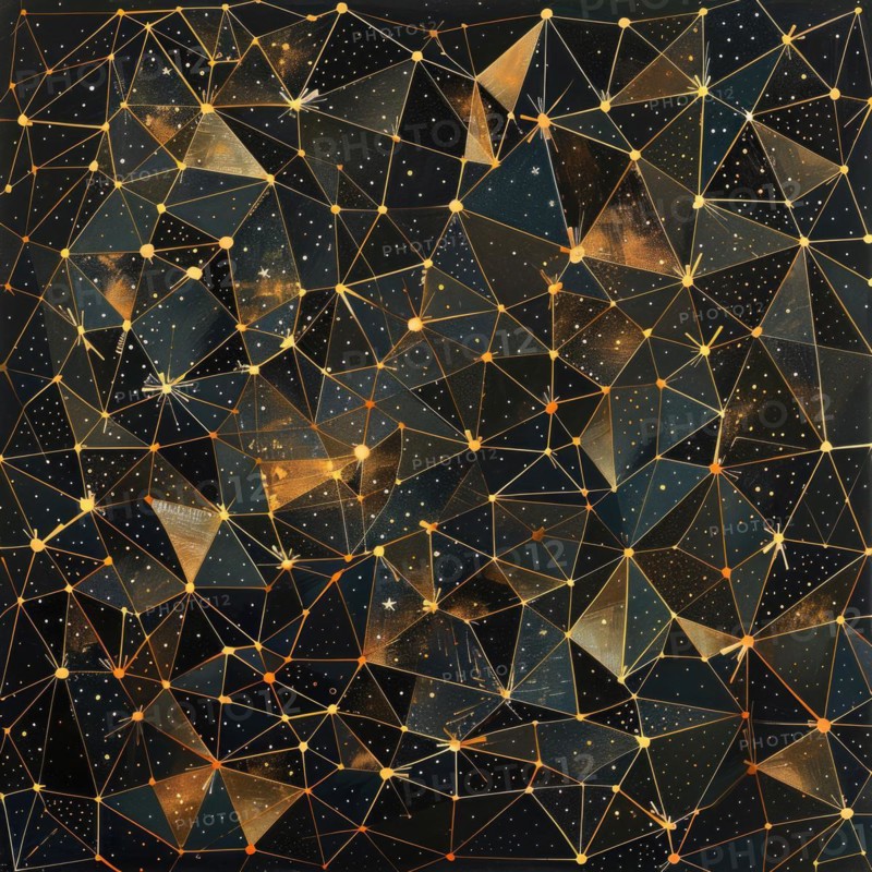 Golden geometric lines interconnected over a navy-blue starry sky AI generated