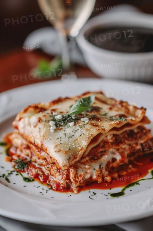 Piece of lasagna on white plate. KI generiert, generiert, AI generated