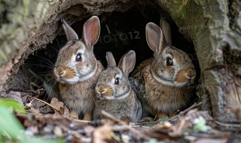 A bunny family nestled together in a cozy burrow AI generated