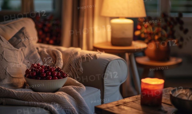 Rip cherries in the bowl, room interior in warm lighting AI generated