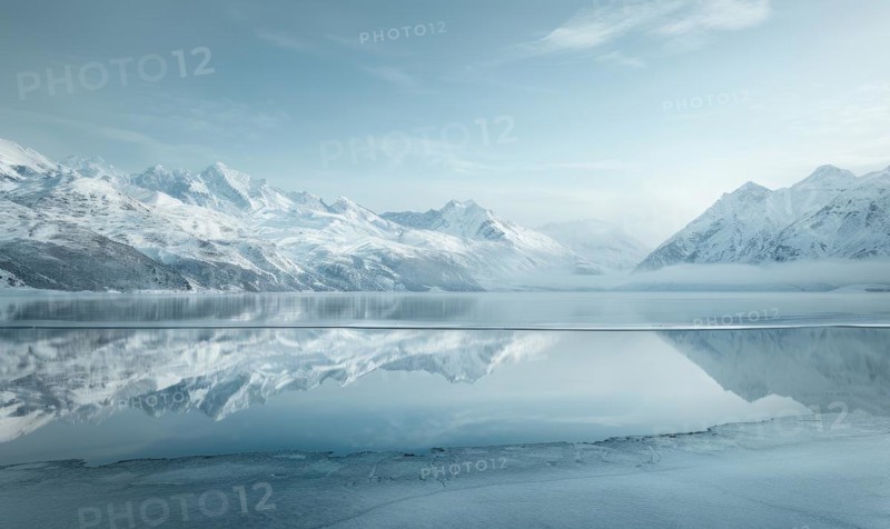 A frozen lake in the depths of winter, surrounded by snow-capped mountains AI generated
