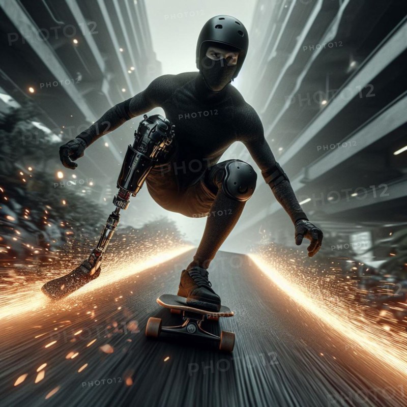 A person with a prosthetic leg skateboarding at high speed with sparks flying around, AI generated