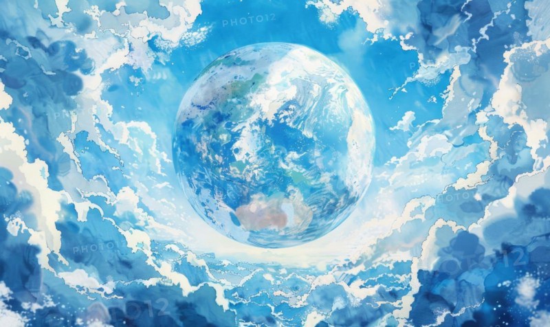 Watercolor illustration of the Earth globe with fluffy clouds against a clear blue sky AI generated