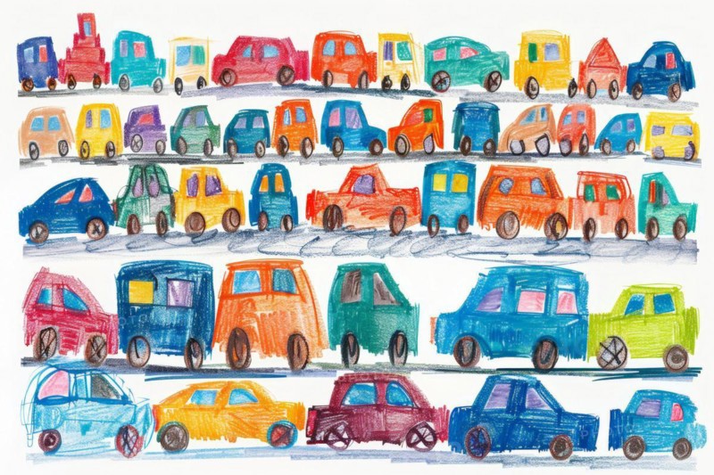 Cars standing in a traffic jam, drawing with coloured pencils by a child of preschool age, primary school age, AI generated, AI generated, AI generated