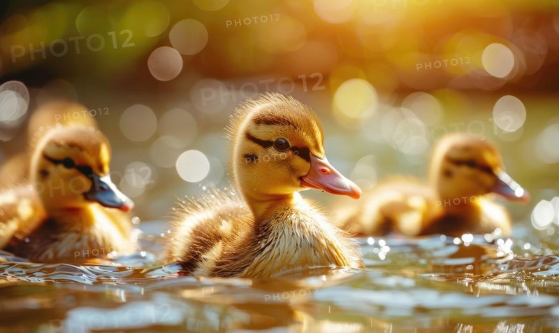 Ducklings swimming in a pond, close up view AI generated