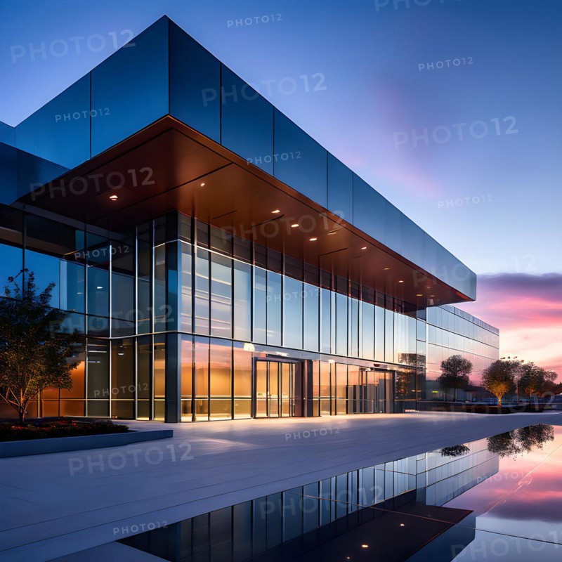 Modern hospitals glass entrance reflecting the morning sunlight, AI generated, modern, architecture