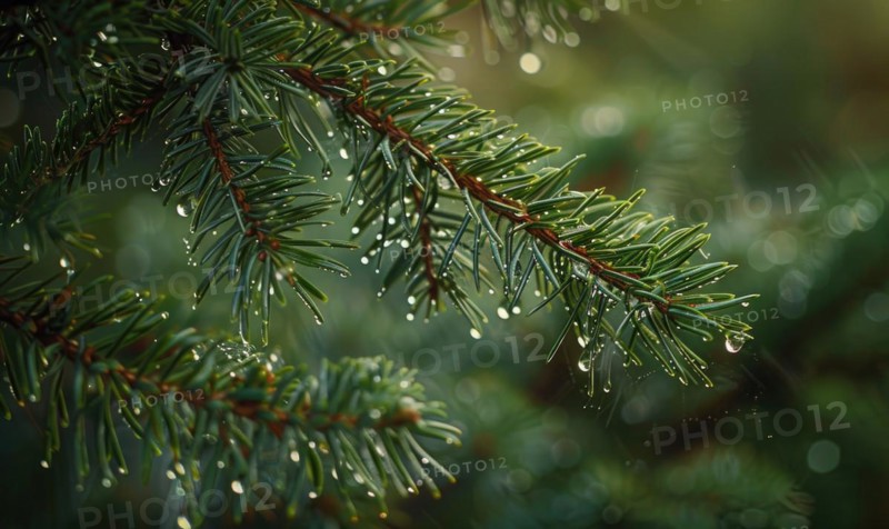 Closeup view on cedar branch in rain drops, bokeh background AI generated